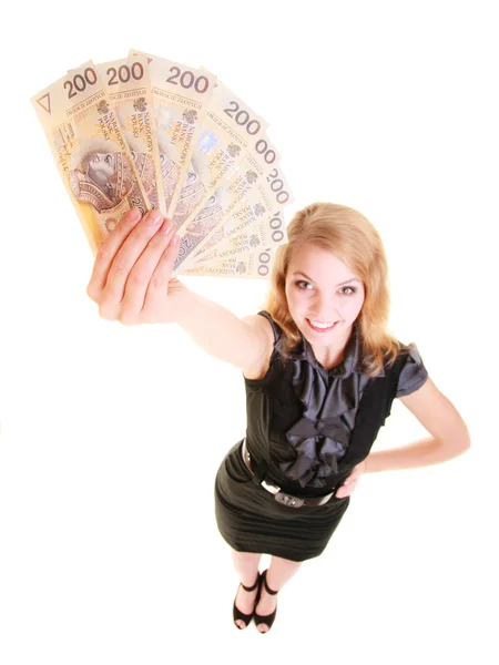 Woman holding polish banknotes. — Stock Photo, Image