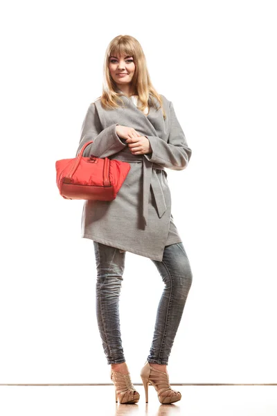 Woman in gray coat posing — Stock Photo, Image