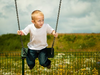Little blonde boy child having fun on a swing outdoor clipart