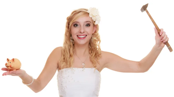 Bride is about to smash piggy bank — Stock Photo, Image