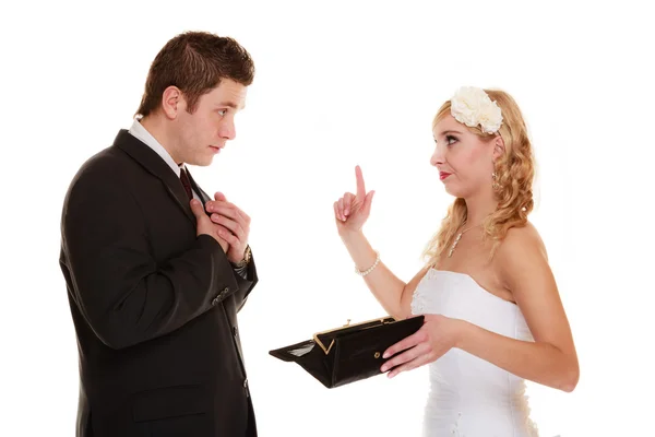 Bride holding empty purse — Stock Photo, Image