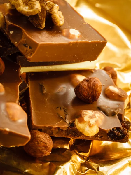 Diferentes tipos de chocolate e avelãs — Fotografia de Stock
