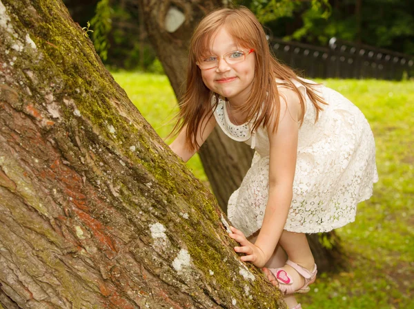 Liten flicka som leker i parken klättring på träd. — Stockfoto