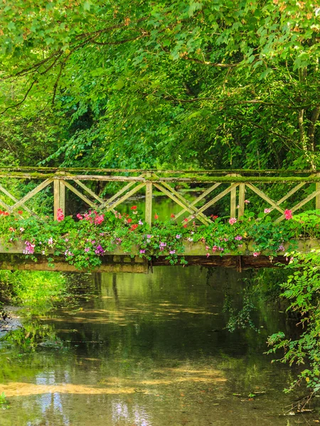 Old small bridge over river in green garden. — Stock Photo, Image