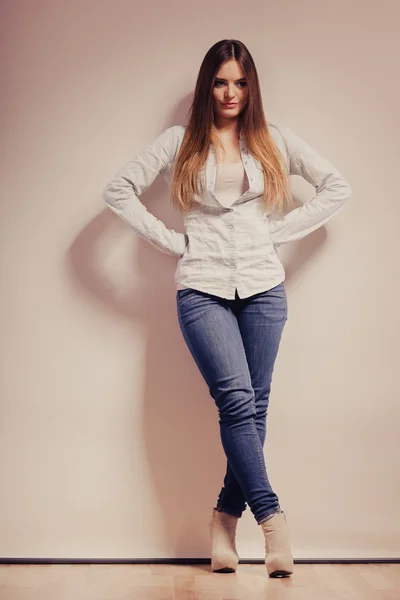 Fashionable woman in shirt denim pants — Stock Photo, Image