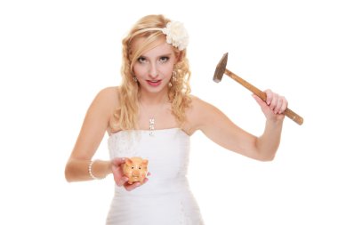 Woman bride with hammer about to smash piggy bank clipart