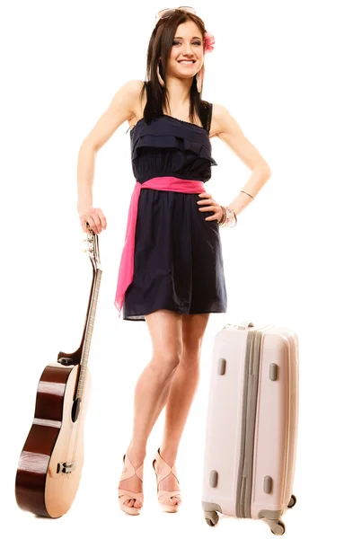 Music lover, summer girl with guitar and suitcase — Stock Photo, Image