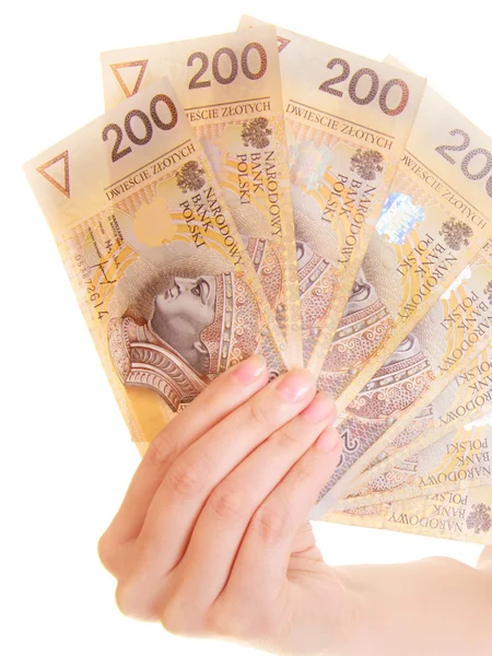 Γυναικείο χέρι που κρατά Πολωνικά νόμισμα χρήματα τραπεζογραμματίων — Φωτογραφία Αρχείου