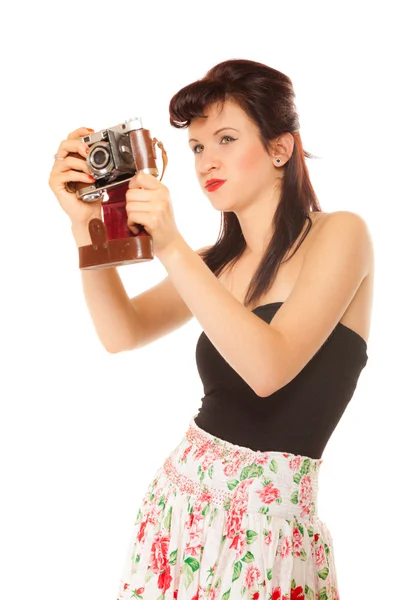 Lovely teen girl with old camera — Stock Photo, Image