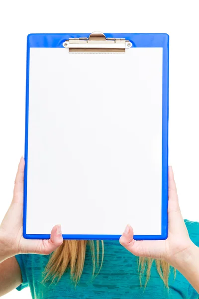 Girl college student holds clipboard with empty blank — Stock Photo, Image