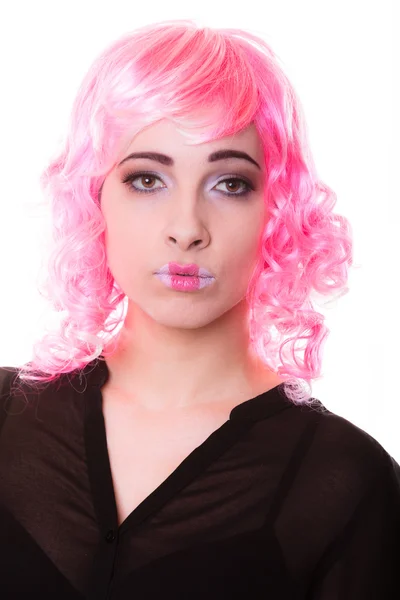 Woman with pink wig creative visage portrait — Stock Photo, Image
