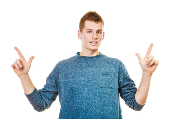 Man showing copy space pointing with fingers — Stock Photo, Image