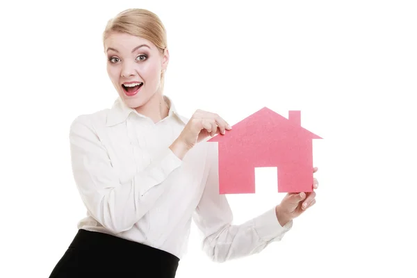 Agent holding red paper house. — Stock Photo, Image