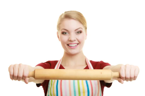 Housewife holding baking rolling pin — Stock Photo, Image