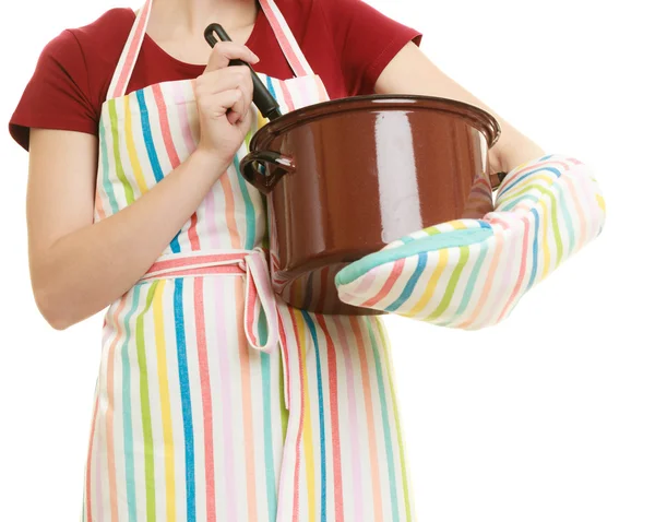 Домохозяйка держит кастрюлю супа — стоковое фото