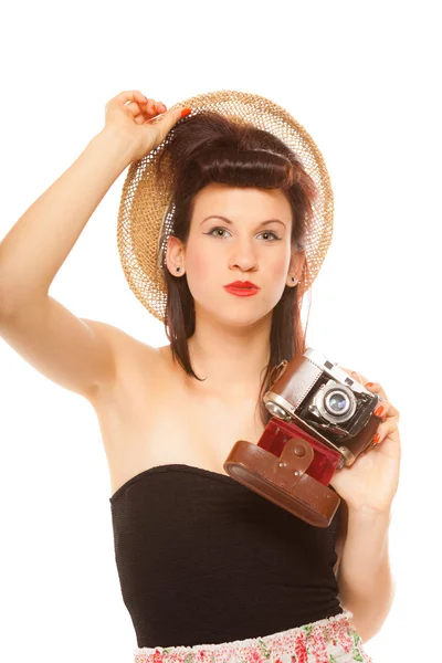 Lovely teen girl with old camera — Stock Photo, Image