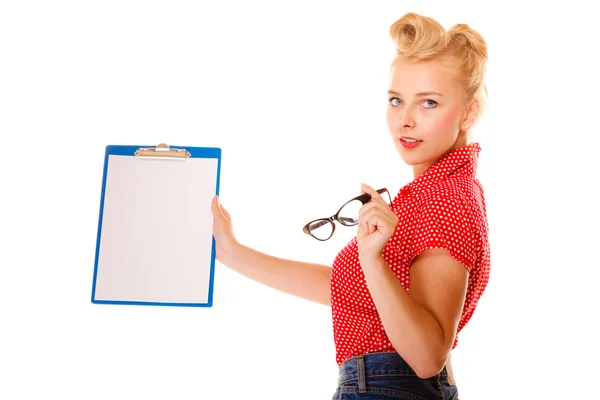 Woman holding glasses and clipboard isolated — Stock Photo, Image