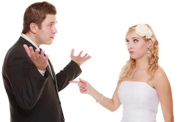 Wedding couple having argument conflict, bad relationships — Stock Photo, Image