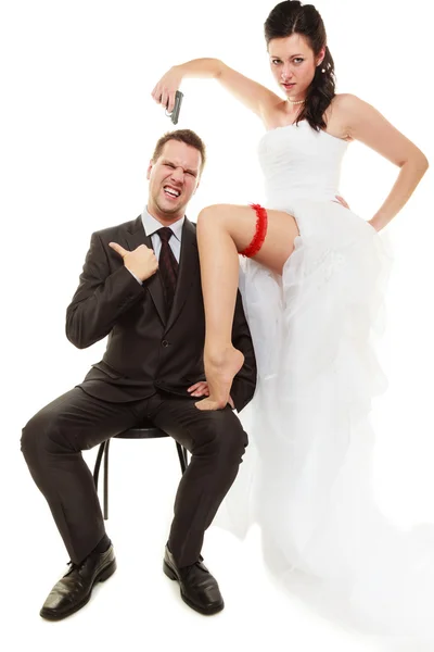 Married couple bride with pistol. — Stock Photo, Image