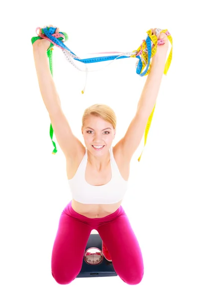 Happy woman on weighing scale. Diet weight loss. — Stock Photo, Image