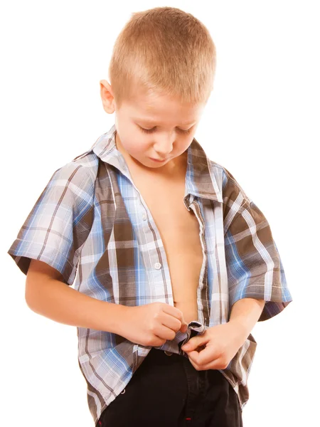 Little boy buttoning on shirt, isolated on white — Stock Photo, Image