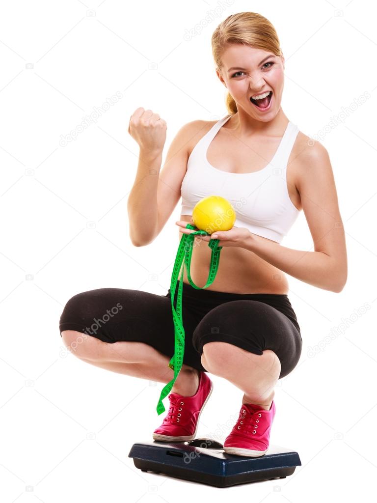 Happy Successful Woman Weighing Scale Weight Loss Stock Photo Happy Successful Woman Weighing Scale Weight Loss Stock Photo 74071461