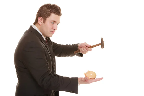 Man is about to smash piggy bank — Stock Photo, Image