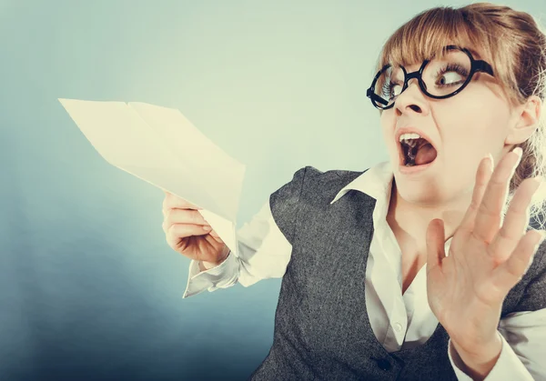 Fly fear. Woman holding airplane in hand. — Stock Photo, Image