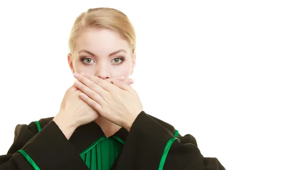 Woman lawyer barrister covering mouth with hands. — Stock Photo, Image