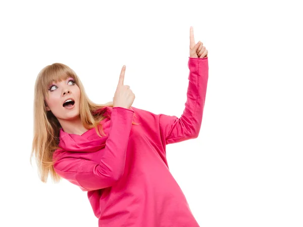 Woman pink blouse showing copy space — Stockfoto