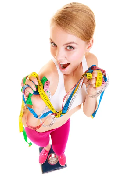 Happy woman on weighing scale. Slimdown. — Stock Photo, Image