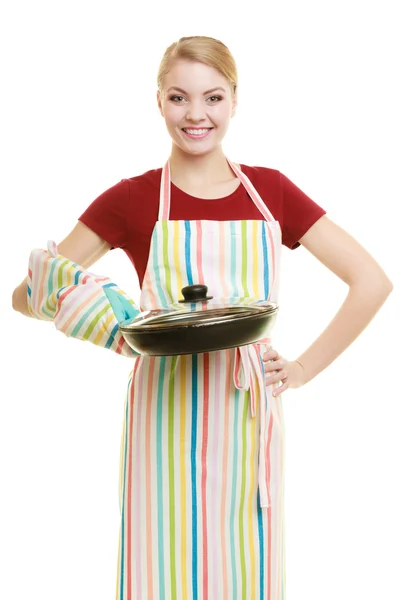 Housewife holding skillet frying pan — Stock Photo, Image