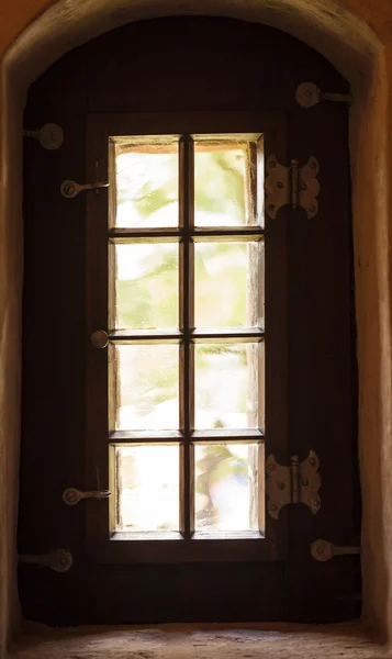 Wooden dark door with glass — Stock Fotó