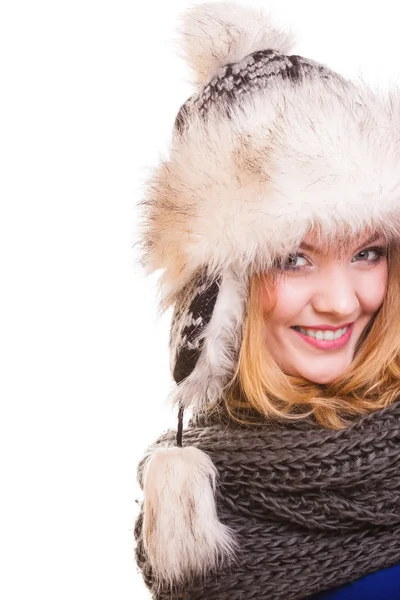 Winter fashion girl in fur hat doing fun isolated — Stock Photo, Image