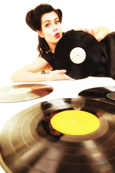 Menina com discos de vinil vintage — Fotografia de Stock