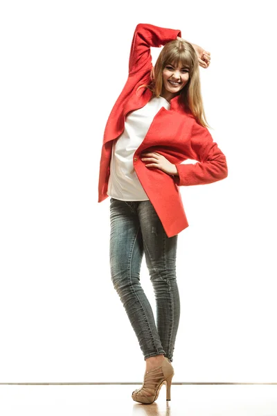 Full length fashion woman in red coat. — Stock Photo, Image