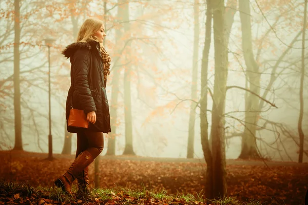雾天在公园里散步的女人 — 图库照片