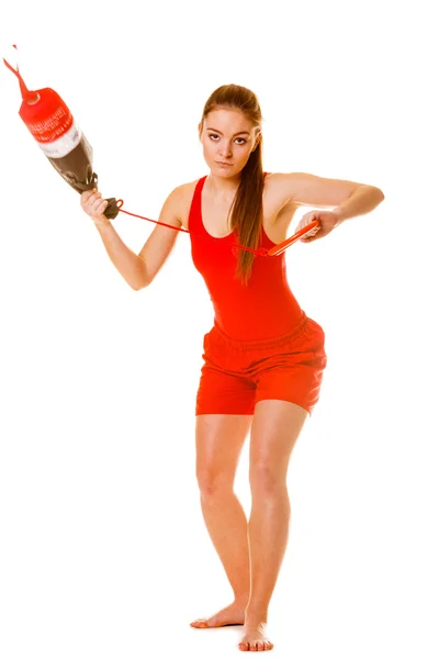 Lifeguard on duty with rescue torpedo buoy. — Stock Photo, Image