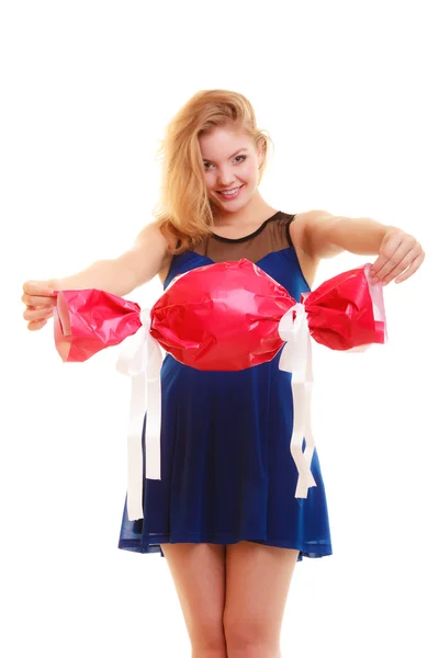 Girl holding big red gift — Stock Photo, Image