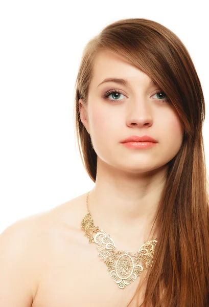 Portrait of girl with bang covering eye in golden necklace — Stock Photo, Image