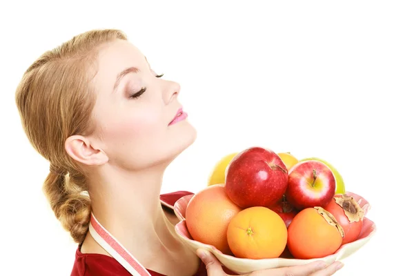 Housewife or seller offering healthy fruit isolated — Stock Photo, Image