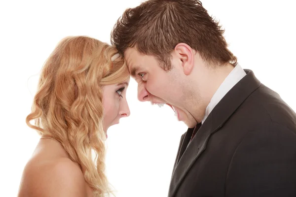 Angry woman man yelling at each other. Fury bride groom. — Stock Photo, Image