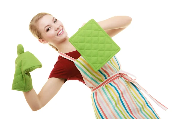 Smiling housewife  holding  oven glove — Stock Photo, Image