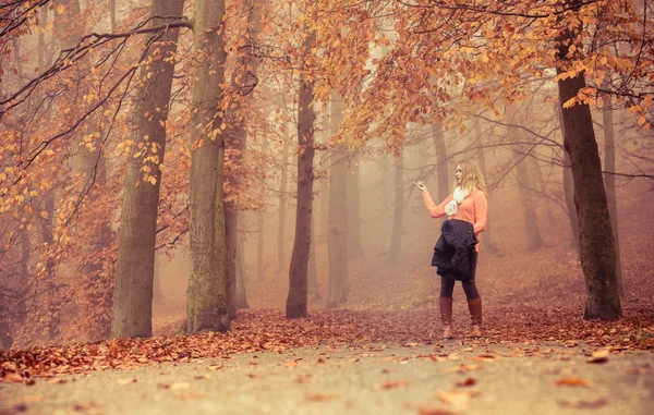 Försvunna kvinnan dimmigt höst park söka riktning. — Stockfoto