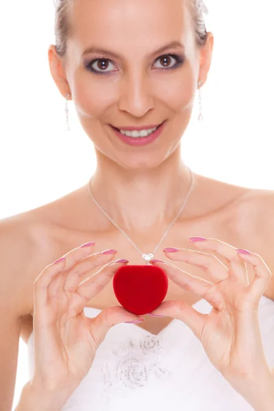 Excited bride woman showing engagement ring box. — Stock Photo, Image