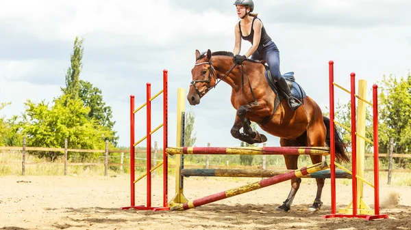 Femme jockey entraînement cheval. Le sport . — Photo