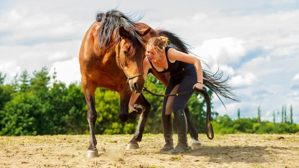 Ung kvinna tjej ta hand om hästen. — Stockfoto