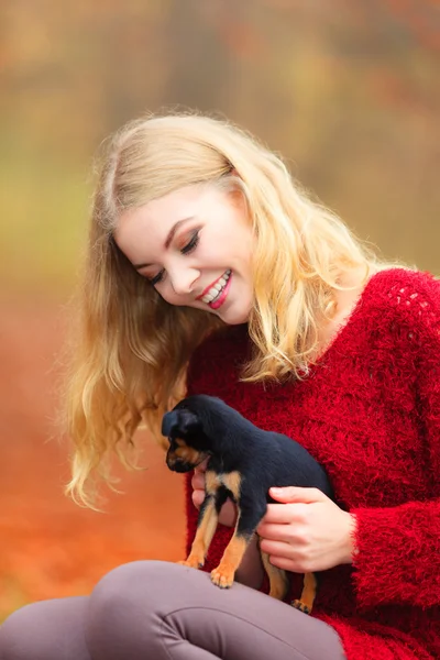 Vrouw brancing haar puppy hond — Stockfoto