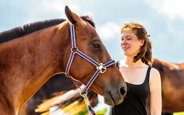 Jonge vrouw meisje het verzorgen van het paard. — Stockfoto