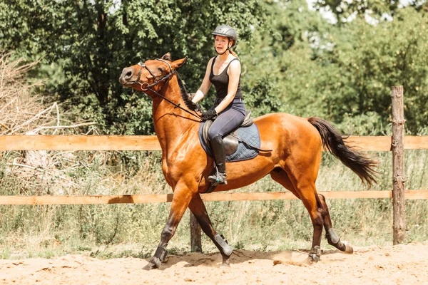 Mujer jinete entrenando a caballo. Actividad deportiva — Foto de Stock